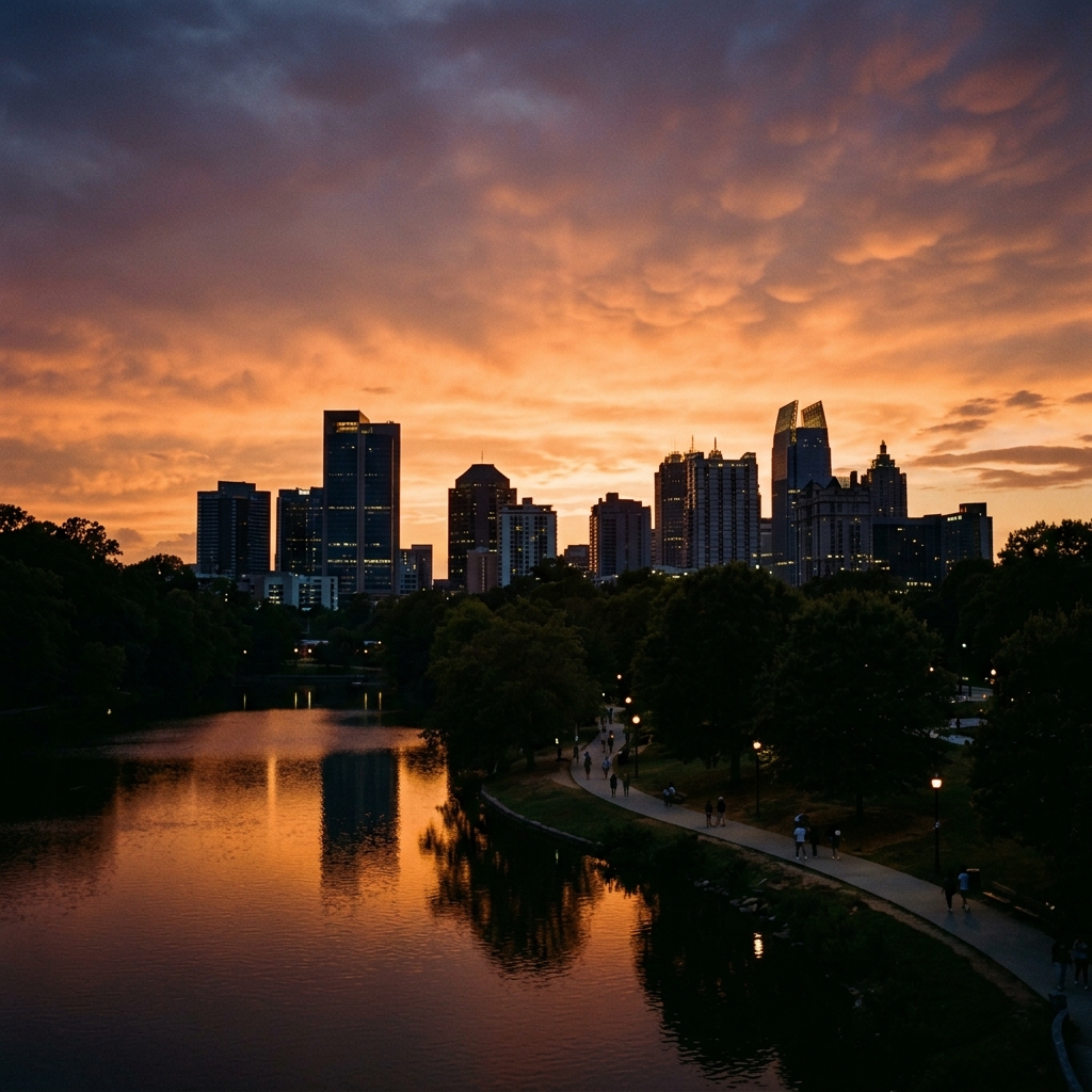Atlanta skyline at sunset over Piedmont Park